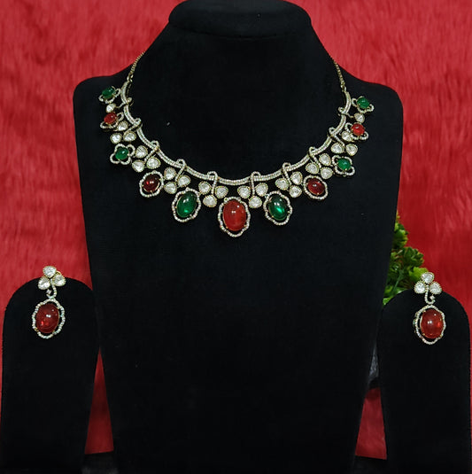 Pota Doublet Kundan Necklace Set with Red & Green Stone