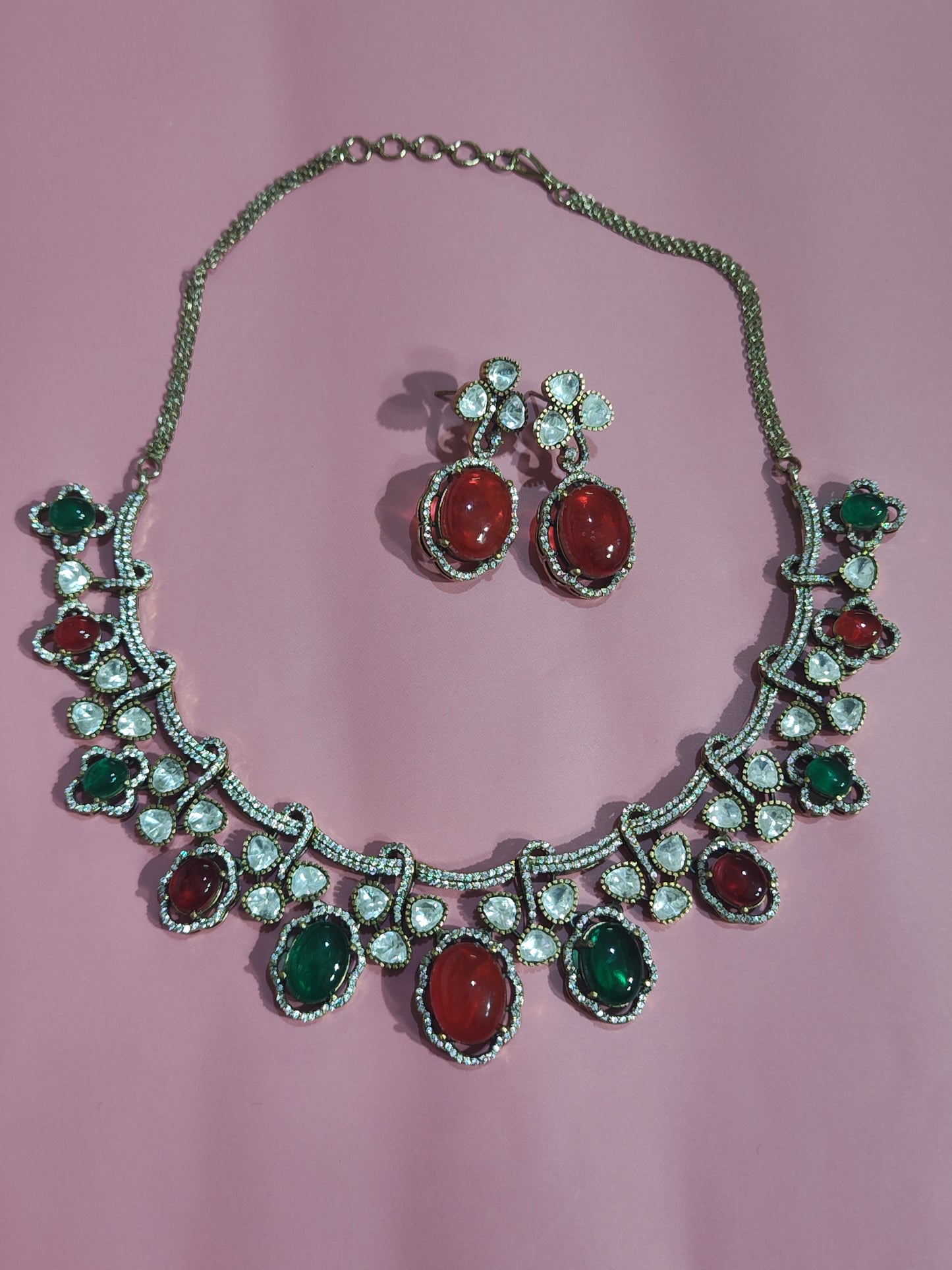 Pota Doublet Kundan Necklace Set with Red & Green Stone 