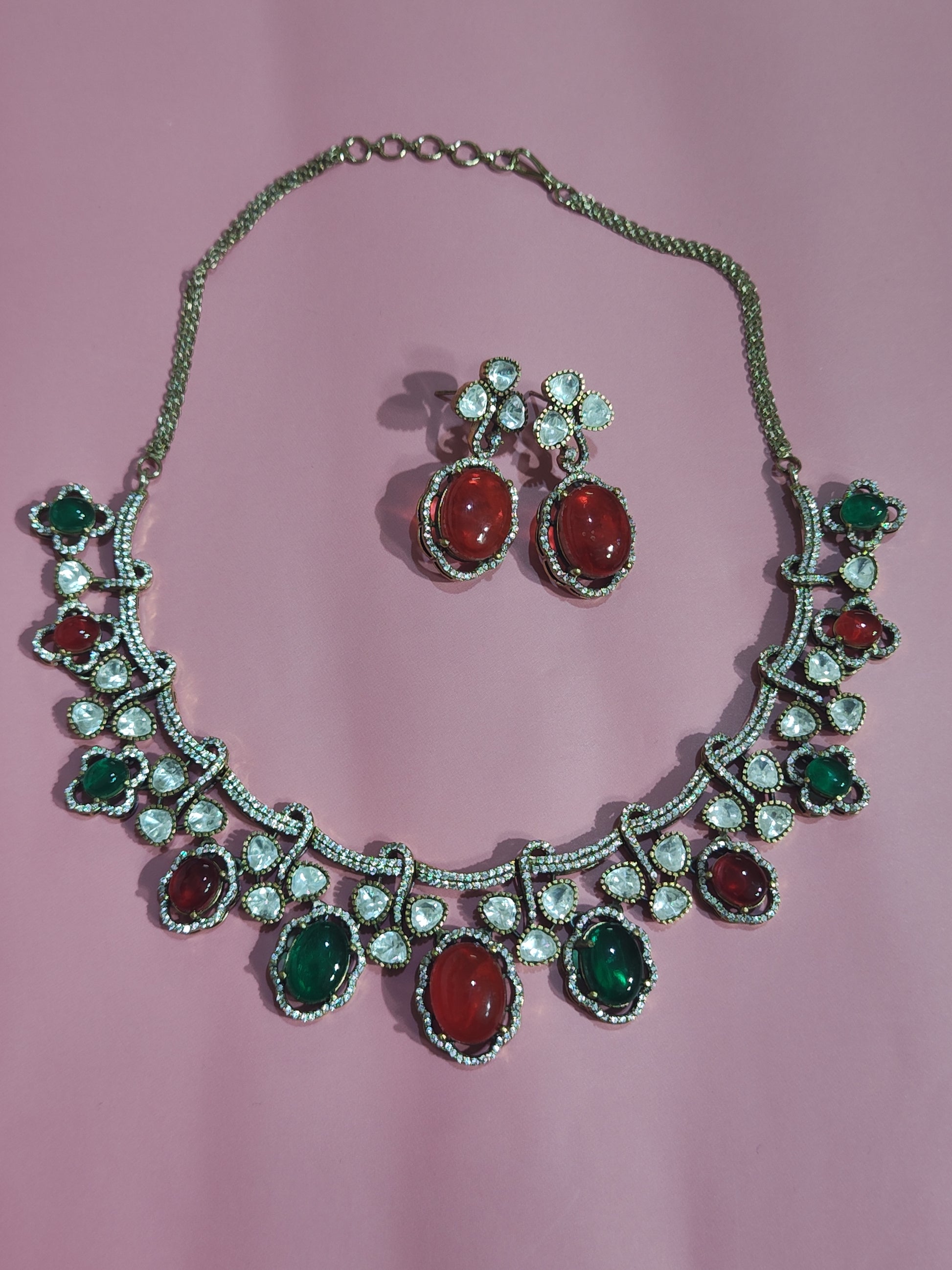 Pota Doublet Kundan Necklace Set with Red & Green Stone 