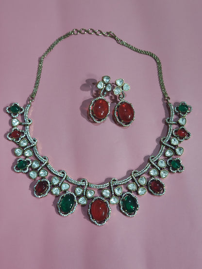 Pota Doublet Kundan Necklace Set with Red & Green Stone 