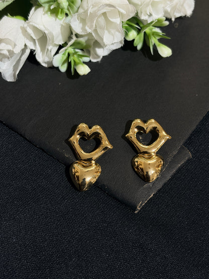 Double Heart Gold Plated Dangler Anti Tarnish Earrings