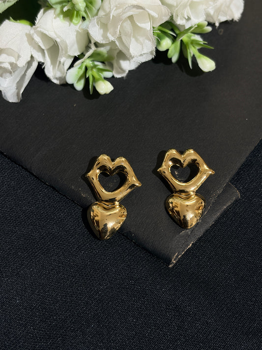 Double Heart Gold Plated Dangler Anti Tarnish Earrings