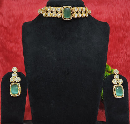 Kundan Choker Set with Green Monalisa Stone