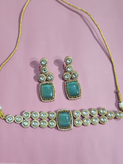 Kundan Choker Set with Green Monalisa Stone
