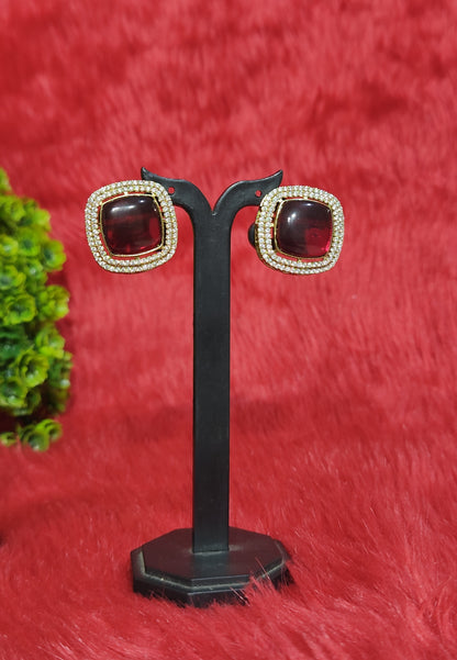 Kundan Earrings - Maroon Stone 