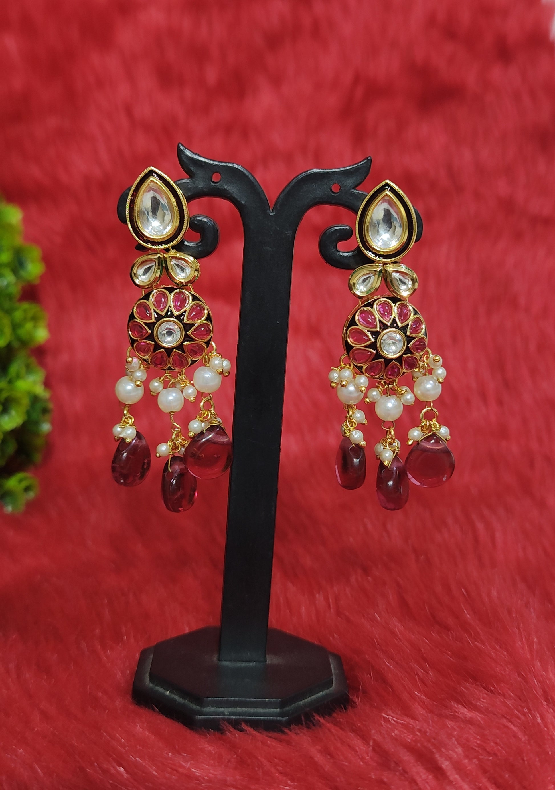 Kundan Earrings with Deep Red Beads & Pearl Drops 