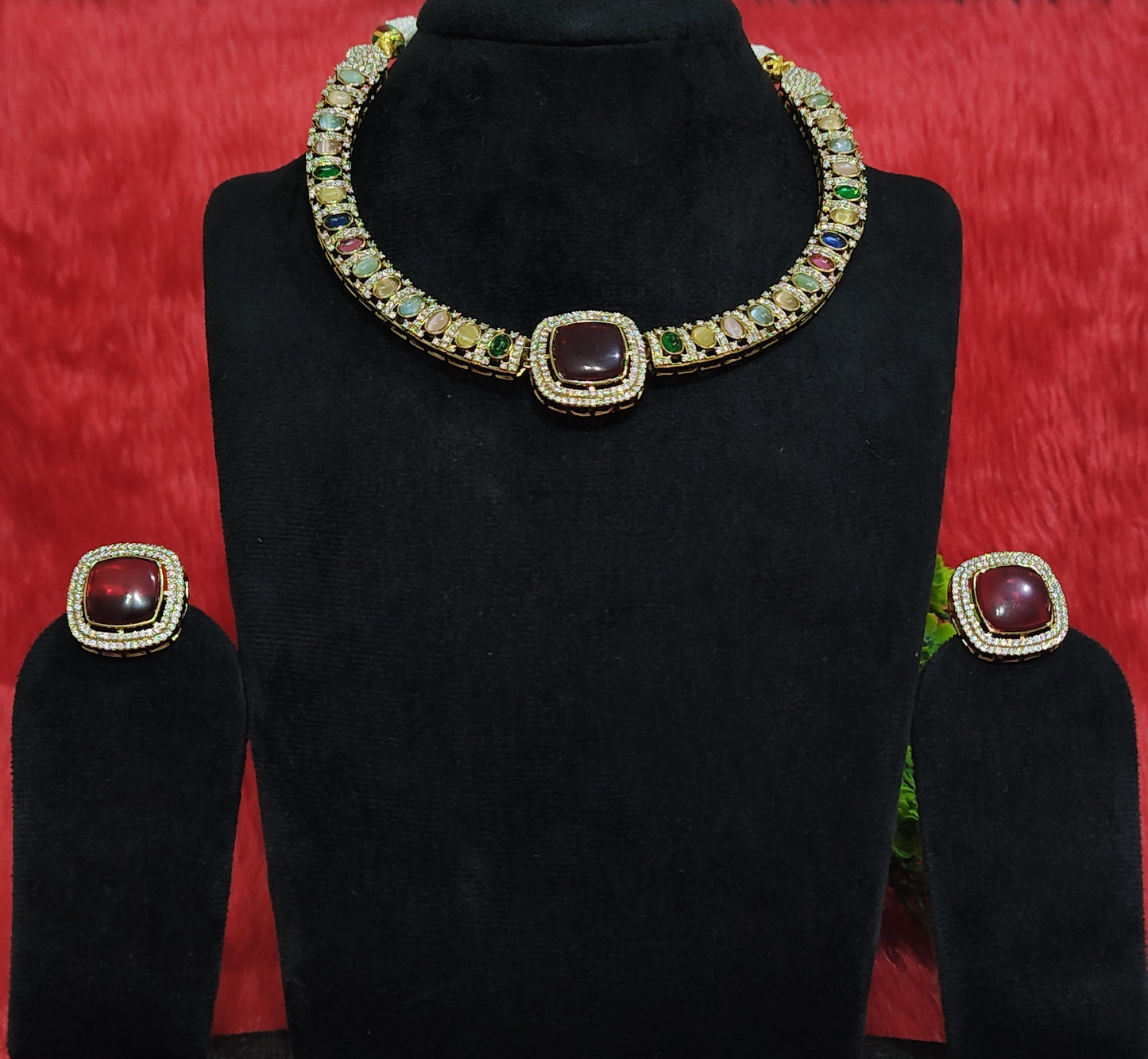 Kundan Hausli Necklace Set with Maroon Stone and Multicolor Work