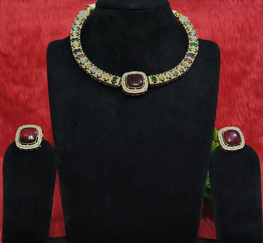 Kundan Hausli Necklace Set with Maroon Stone and Multicolor Work