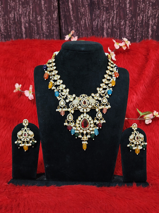 Kundan necklace set with multicolor stones and matching earrings