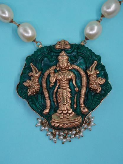 Lord Venkateswara temple pendant in antique copper and green finish