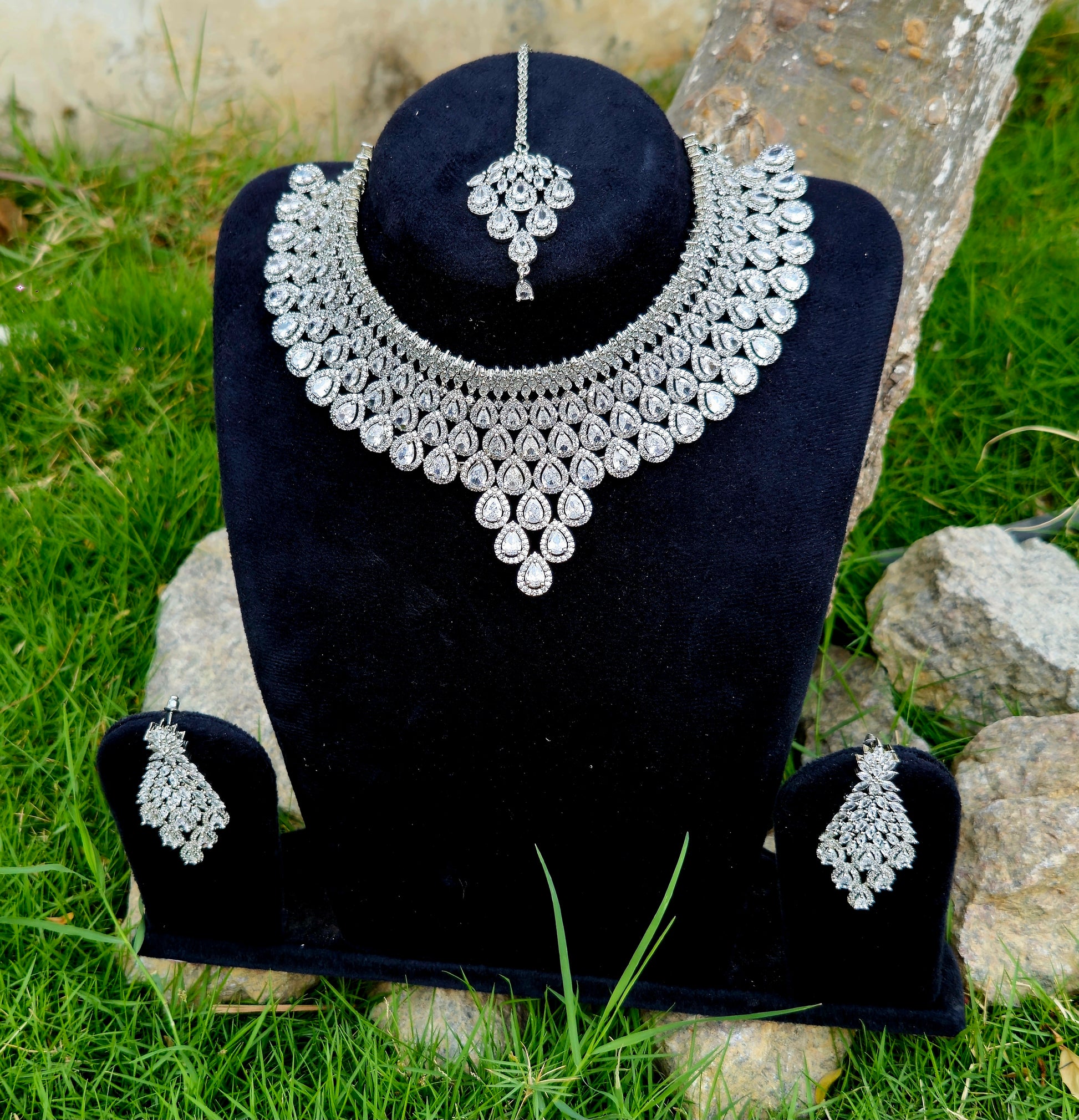 Luxurious Layered Pear-Shaped American Diamond Bridal Necklace Set