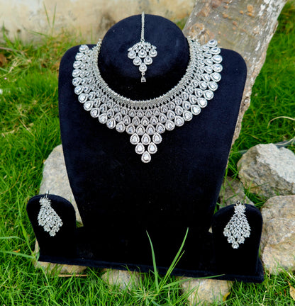 Luxurious Layered Pear-Shaped American Diamond Bridal Necklace Set