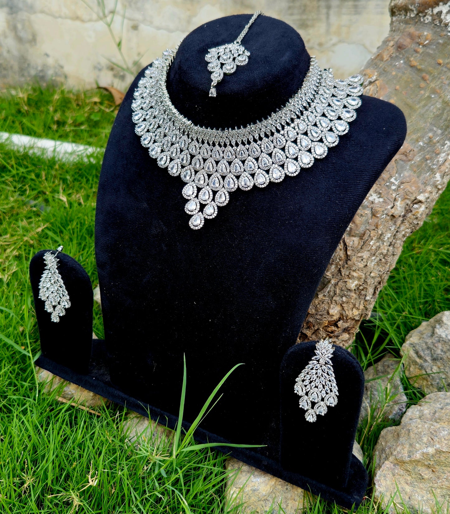 Luxurious Layered Pear-Shaped American Diamond Bridal Necklace Set
