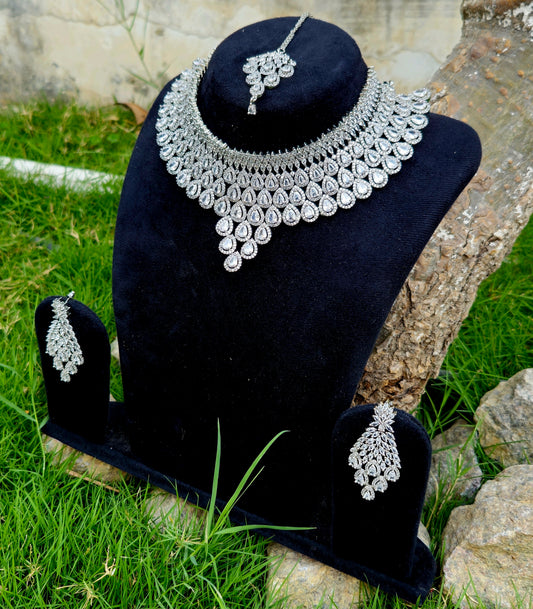 Luxurious Layered Pear-Shaped American Diamond Bridal Necklace Set