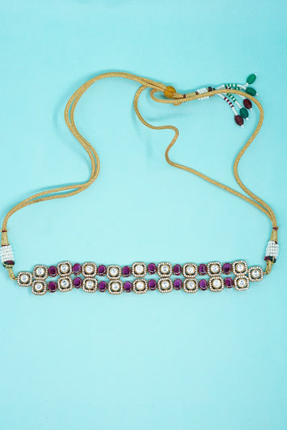 Moissanite choker with maroon pota stones on blue background