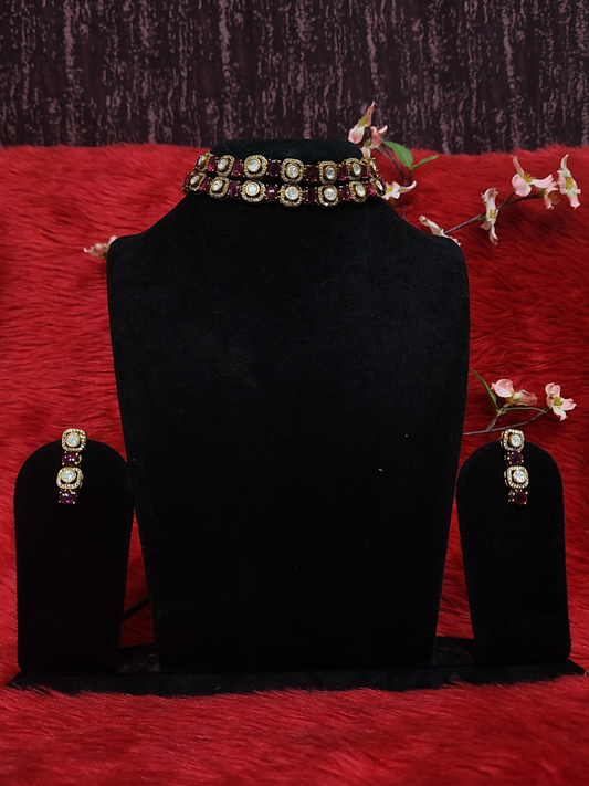Moissanite choker with maroon pota stones on  dummy