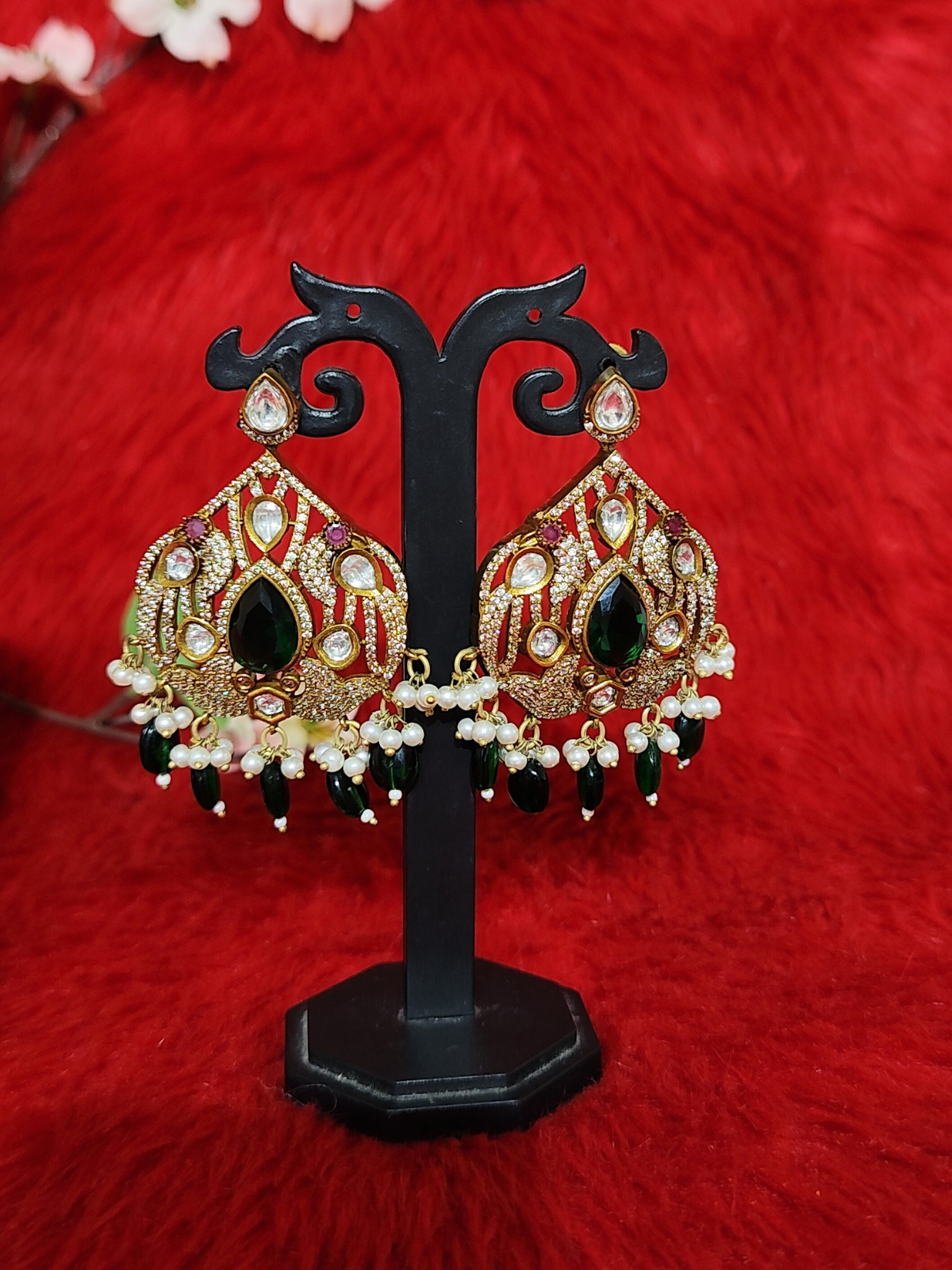 Moissanite stone green drop beads earrings on stand