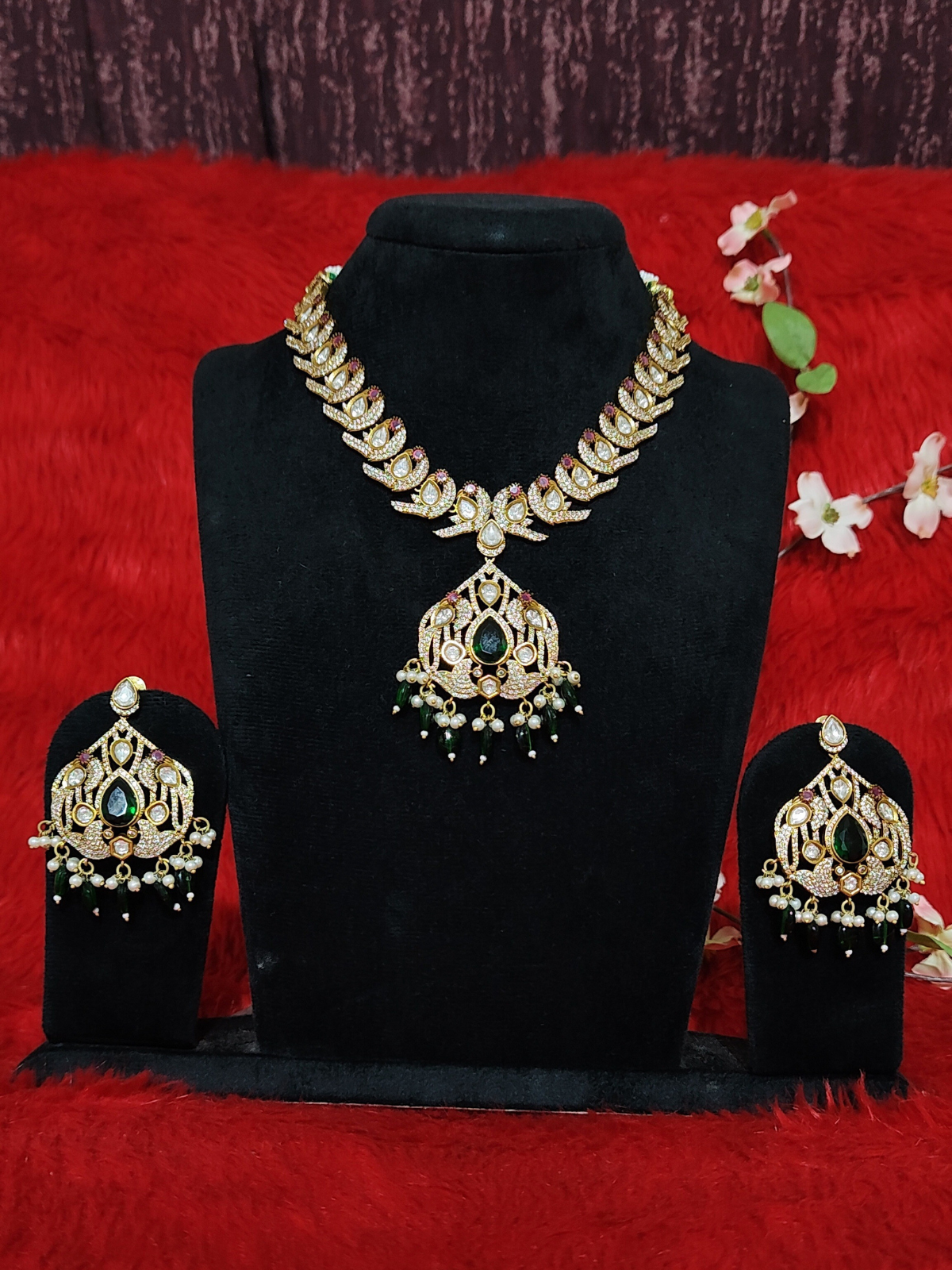 Moissanite stone necklace set with green drop beads and matching earrings
