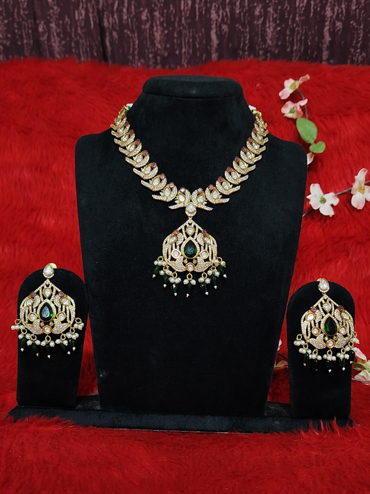 Moissanite stone necklace set with green drop beads and matching earrings