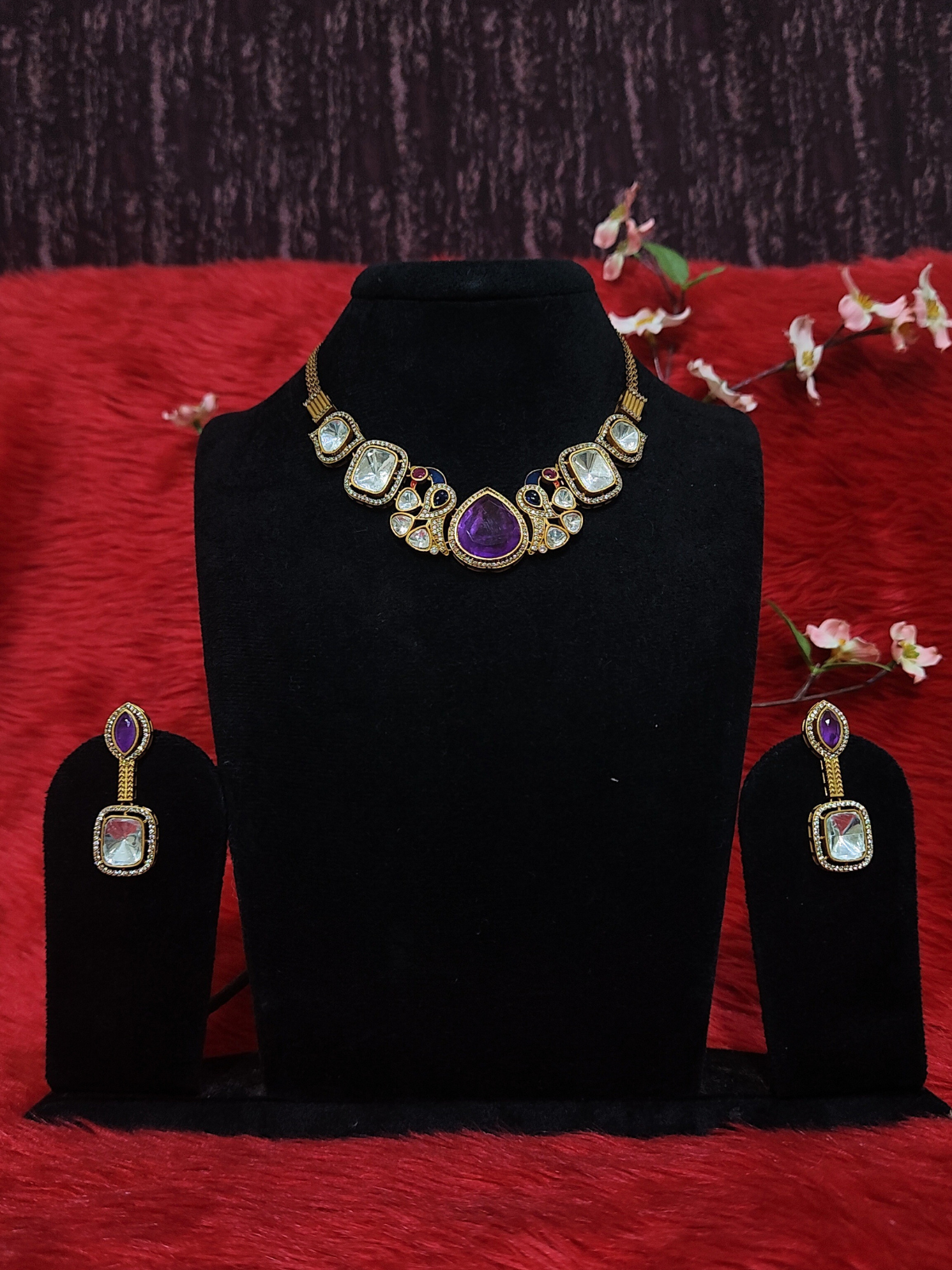 Moissanite with Dublet stone necklace set with earrings, purple centre and white Kundan stones on dummy