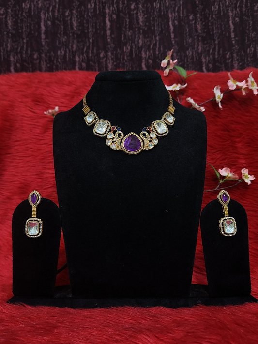 Moissanite with Dublet stone necklace set with earrings, purple centre and white Kundan stones on dummy