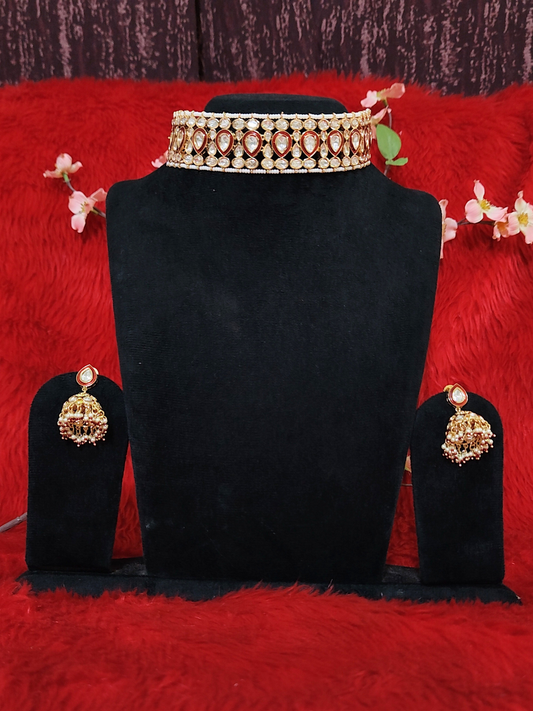 Mossonite Choker Necklace Set with Kundan Work and Earrings