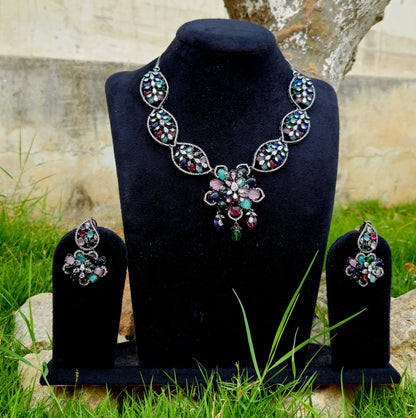 Multicolour Gemstone Floral Necklace Set