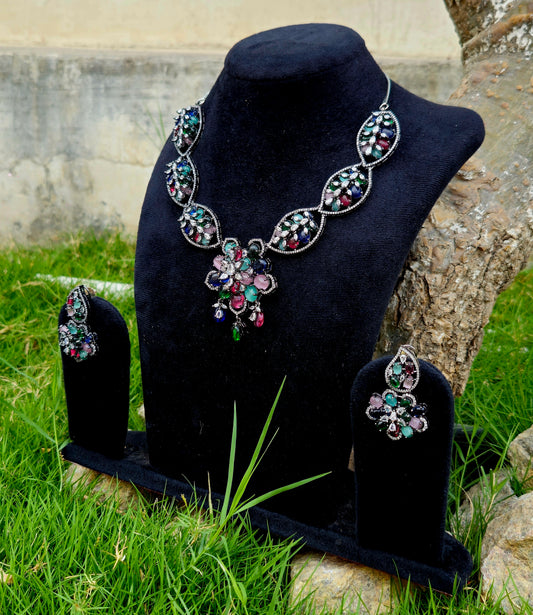Multicolour Gemstone Floral Necklace Set