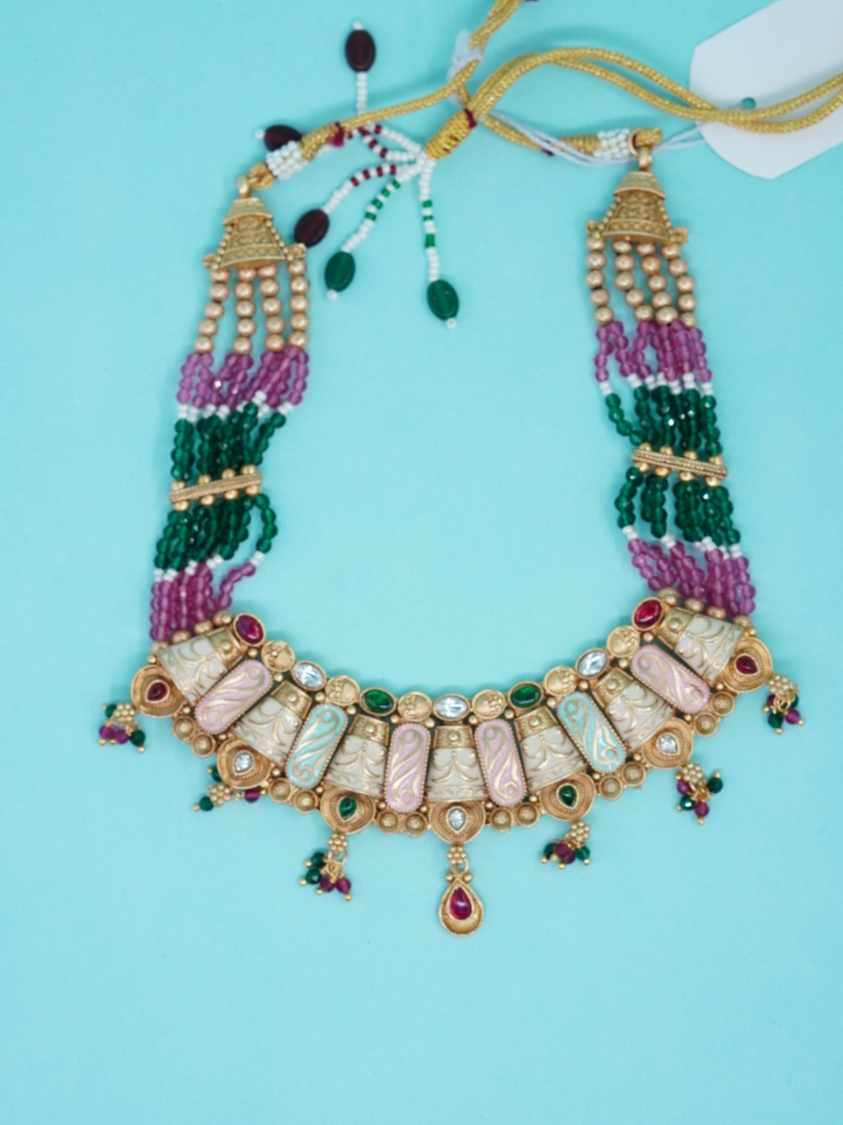 Multicolour beaded choker necklace set with carved panels 