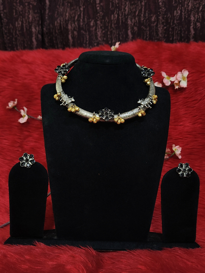 Oxidised Silver Choker Necklace Set | Stone Flower Design with Matching Earrings