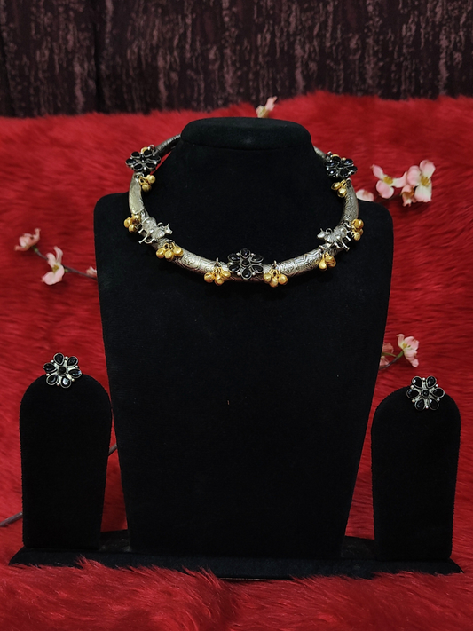 Oxidised Silver Choker Necklace Set | Stone Flower Design with Matching Earrings