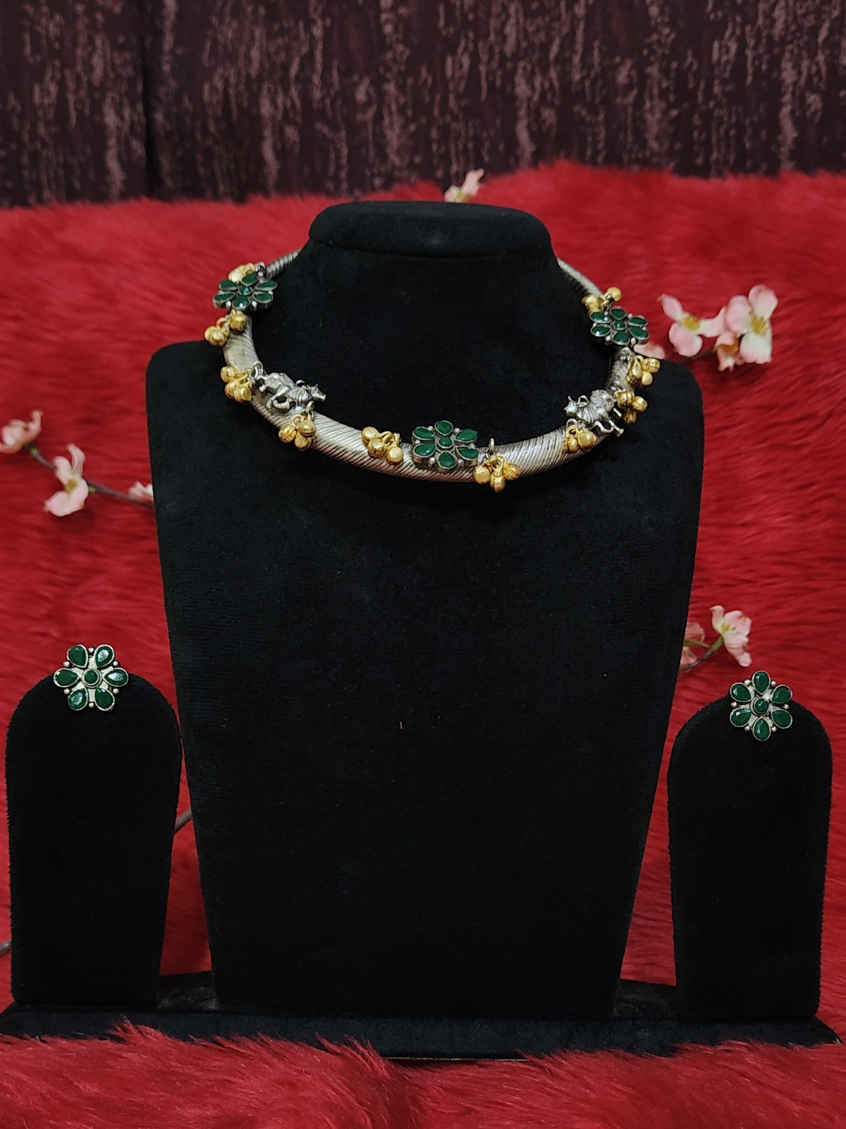 Oxidised Silver Choker Necklace Set | Stone Flower Design with Matching Earrings