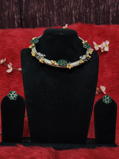 Oxidised Silver Choker Necklace Set | Stone Flower Design with Matching Earrings