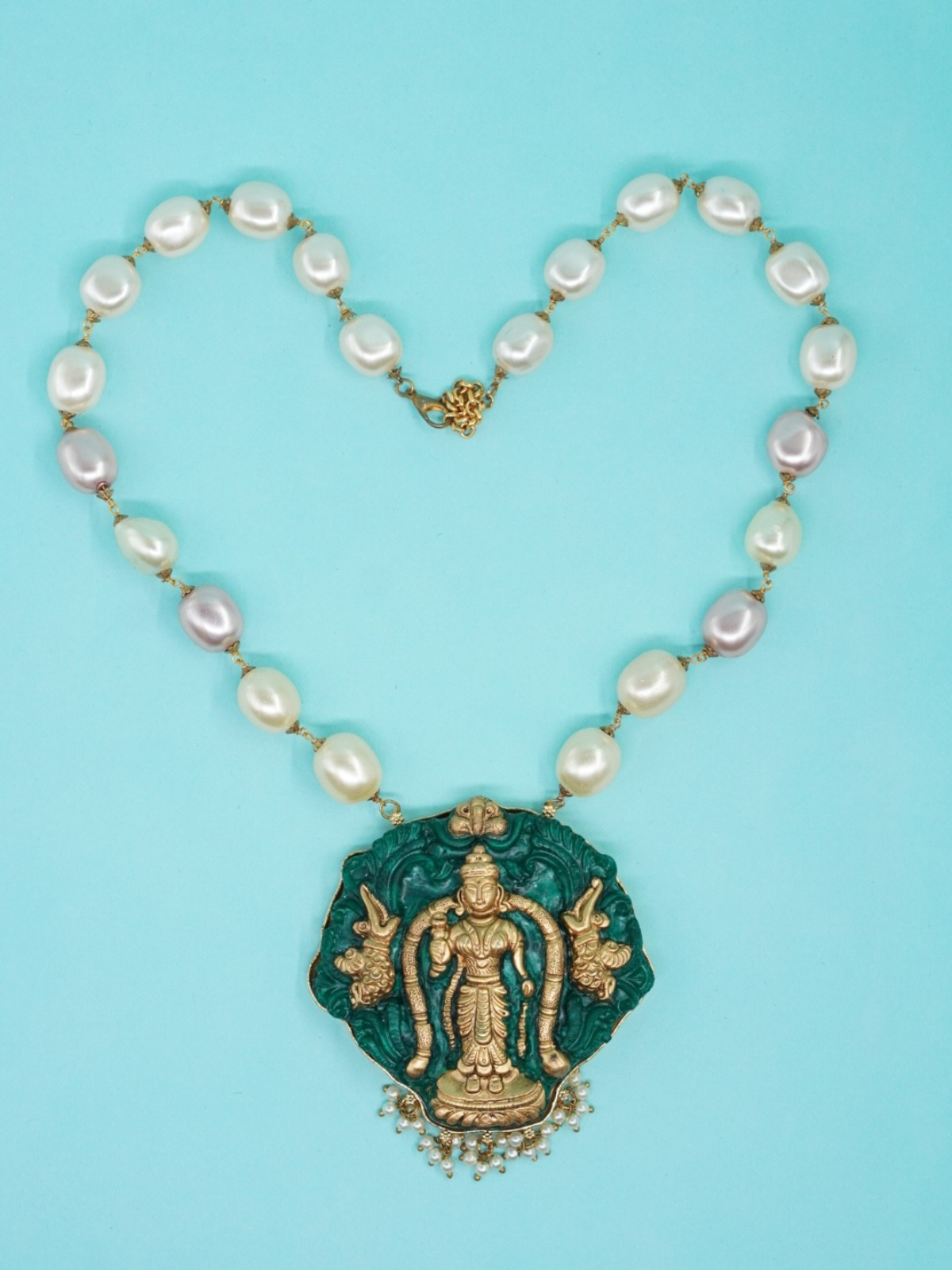Pearl bead necklace with Lord Venkateswara temple pendant in antique copper and green finish top view