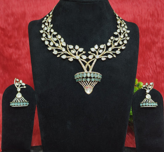 Pemium Pota Doublet Kundan Necklace Set with Leaf Design & Green Beads