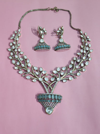 Pemium Pota Doublet Kundan Necklace Set with Leaf Design & Green Beads