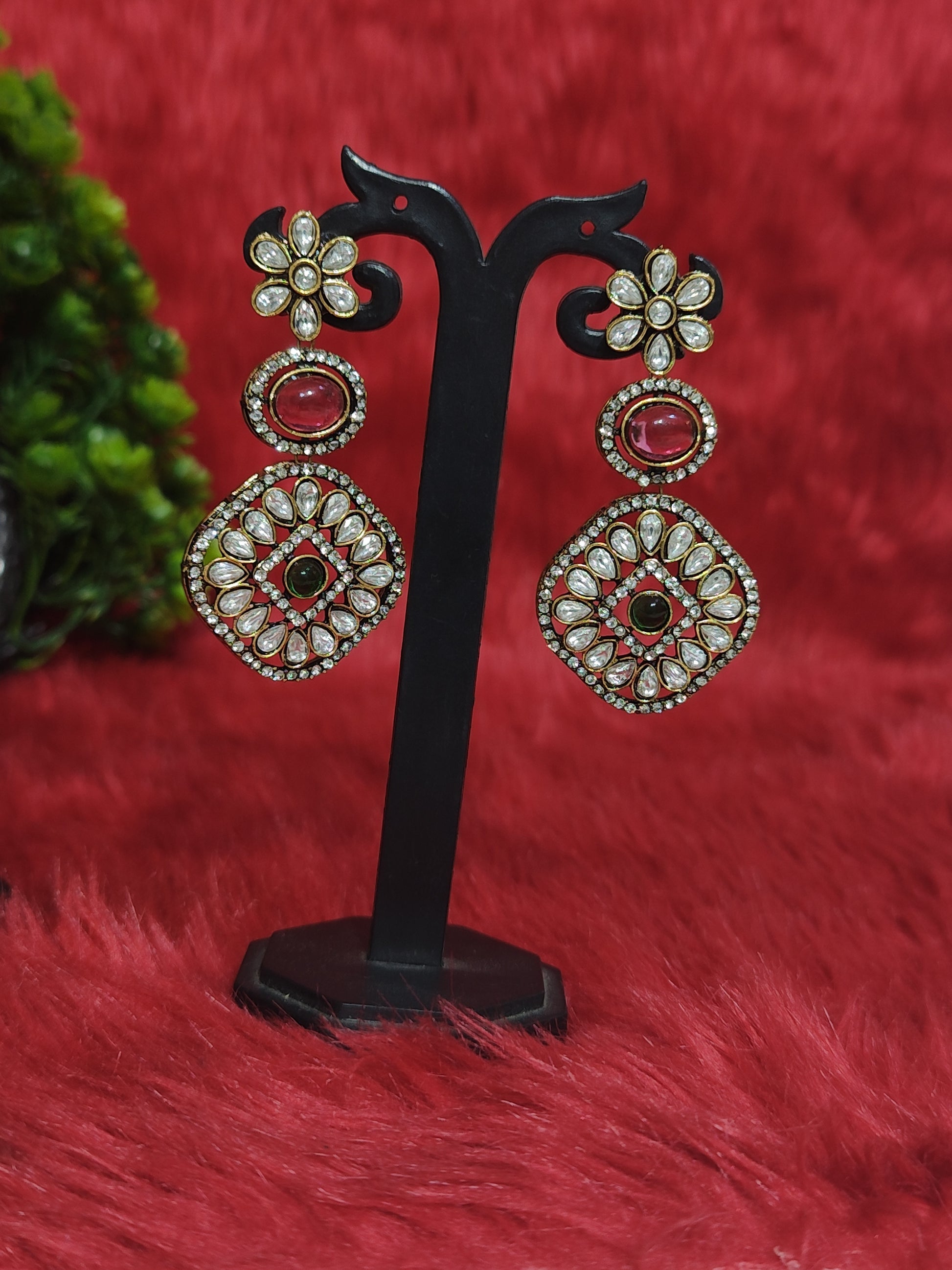 Premium Red Green Bridal Kundan Earrings