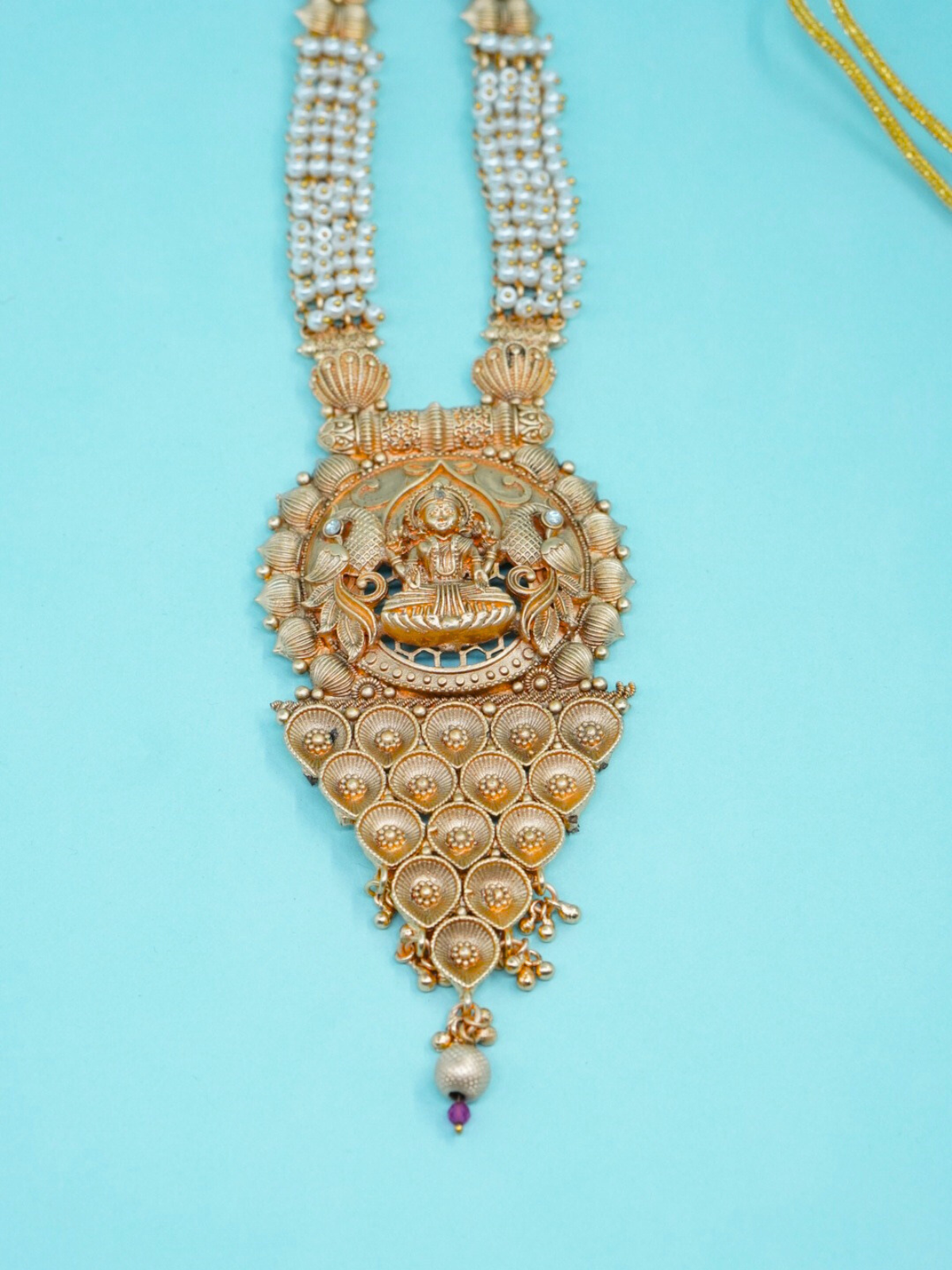 Pure Copper Laxmi Pendant of a Long Royal Temple Necklace Set