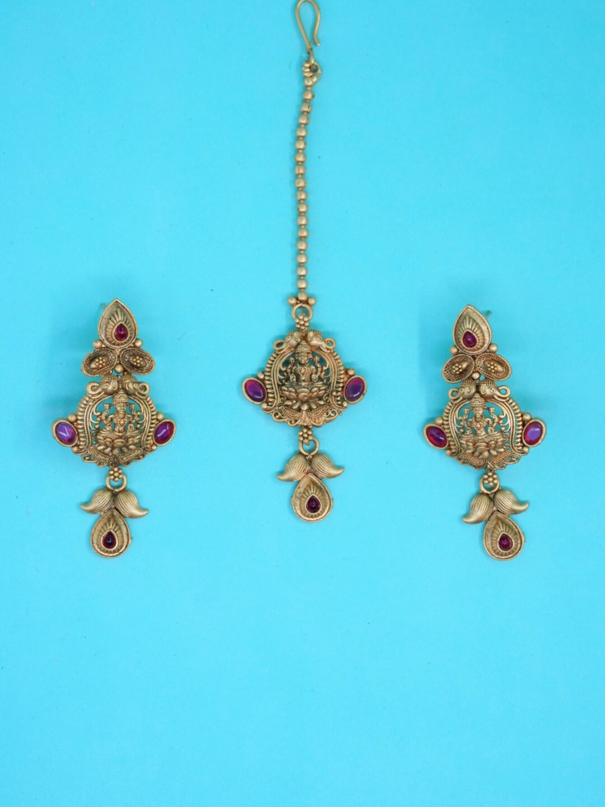 Pure copper Earrings and mang tikka with laxmi motif 