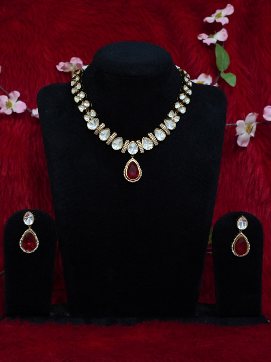 Red stone uncut Moissanite necklace set with matching earrings 