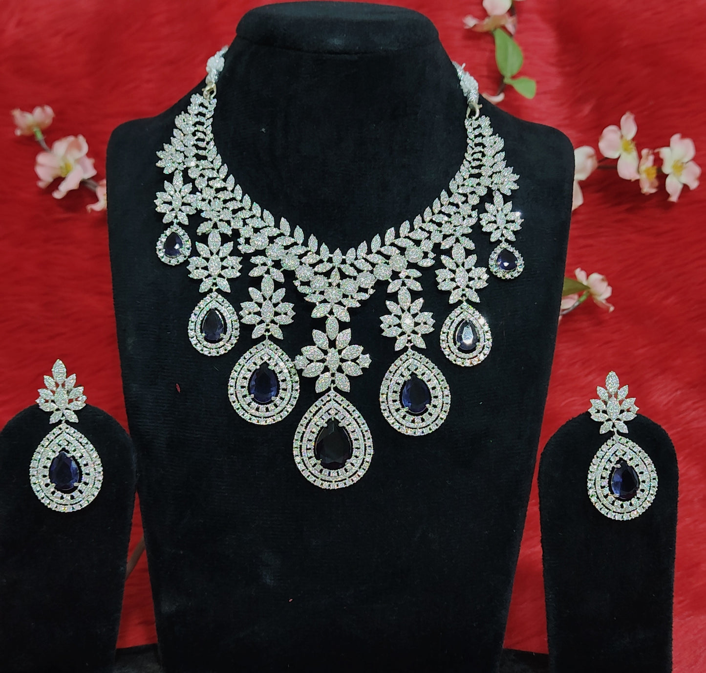Exquisite Royal Blue Stone American Diamonds Choker Necklace Set