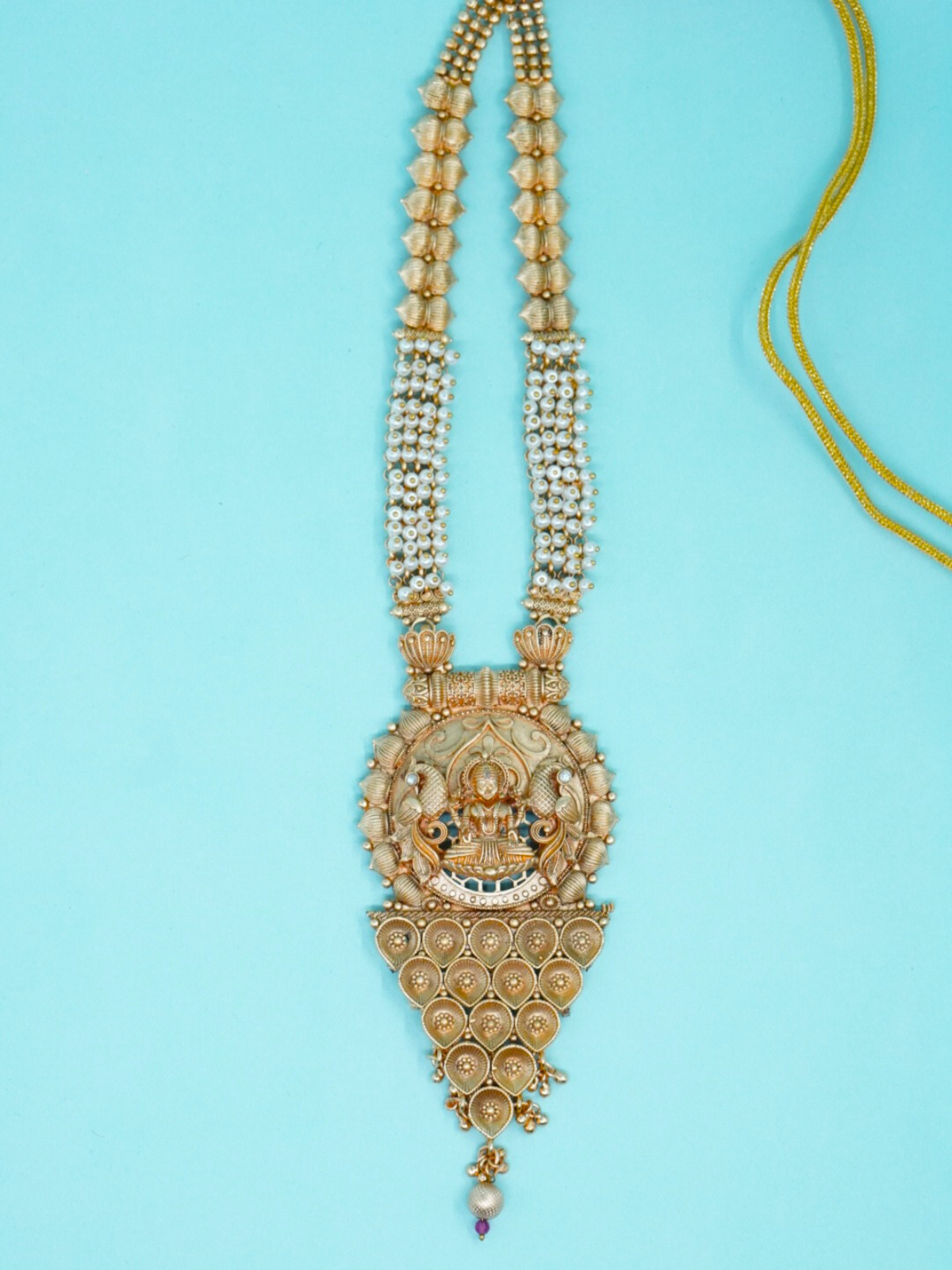 Royal Lakshmi temple long necklace in pure copper top view
