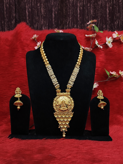 Royal Lakshmi temple long necklace set with earrings in pure copper on dummy