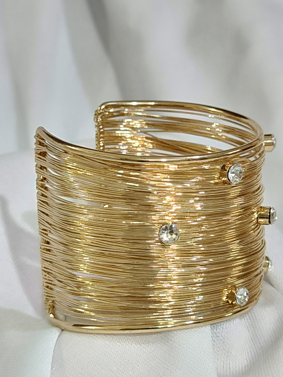 Royal anti-tarnish gold finish wide bracelet with stones close view