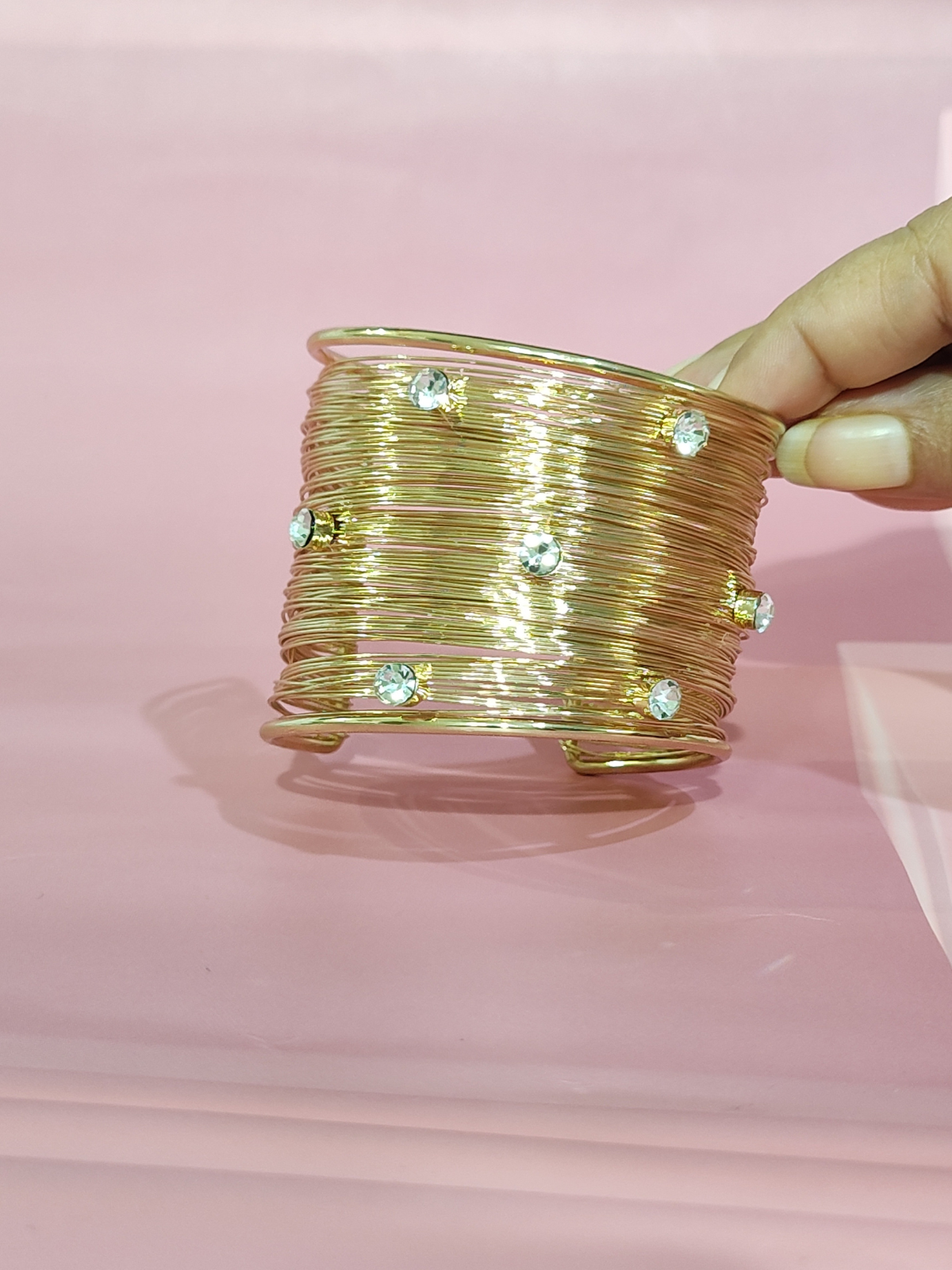 Royal anti-tarnish gold finish wide bracelet with stones