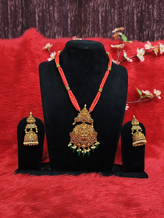 Royal red temple necklace set with Lakshmi pendant and jhumkas in pure copper on dummy