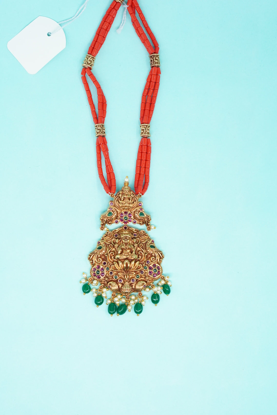 Royal red temple necklace set with Lakshmi pendant in pure copper top view
