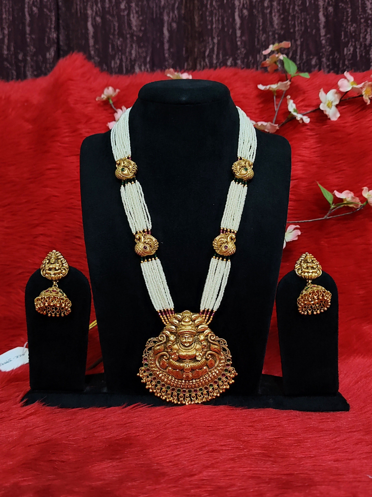Royal temple haram necklace set in pure copper with Lakshmi pendant and jhumka earrings