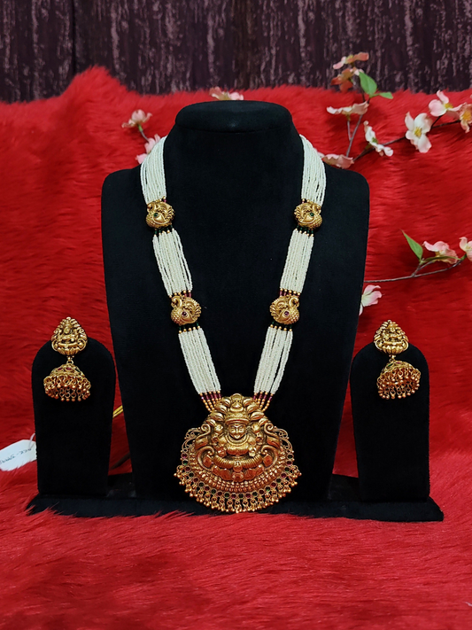 Royal temple haram necklace set in pure copper with Lakshmi pendant and jhumka earrings