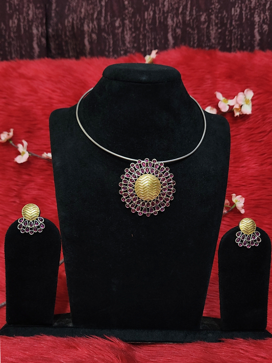 Silver Replica Choker Necklace with Red Stones & Matching Earrings
